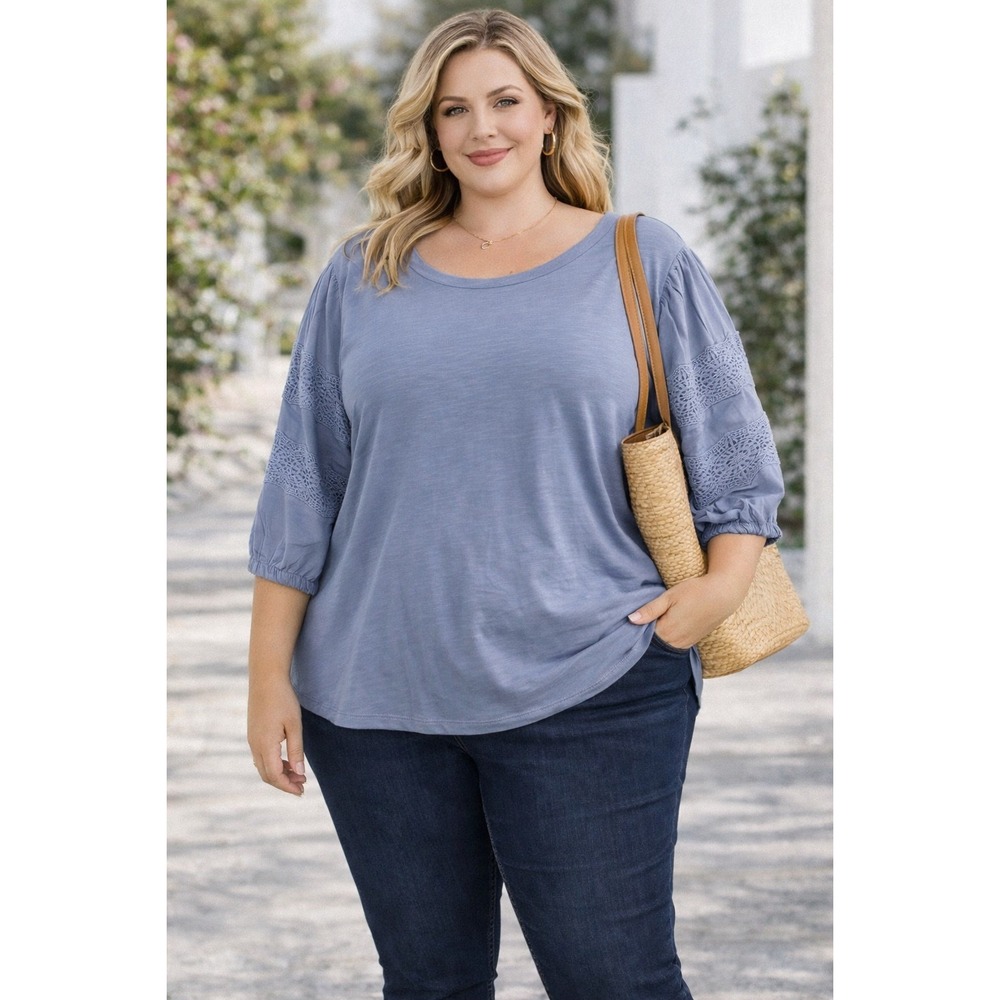 Lane Bryant Slate Blue Crochet Lace Sleeve Slub Knit Top Plus Size 26/28 1121784